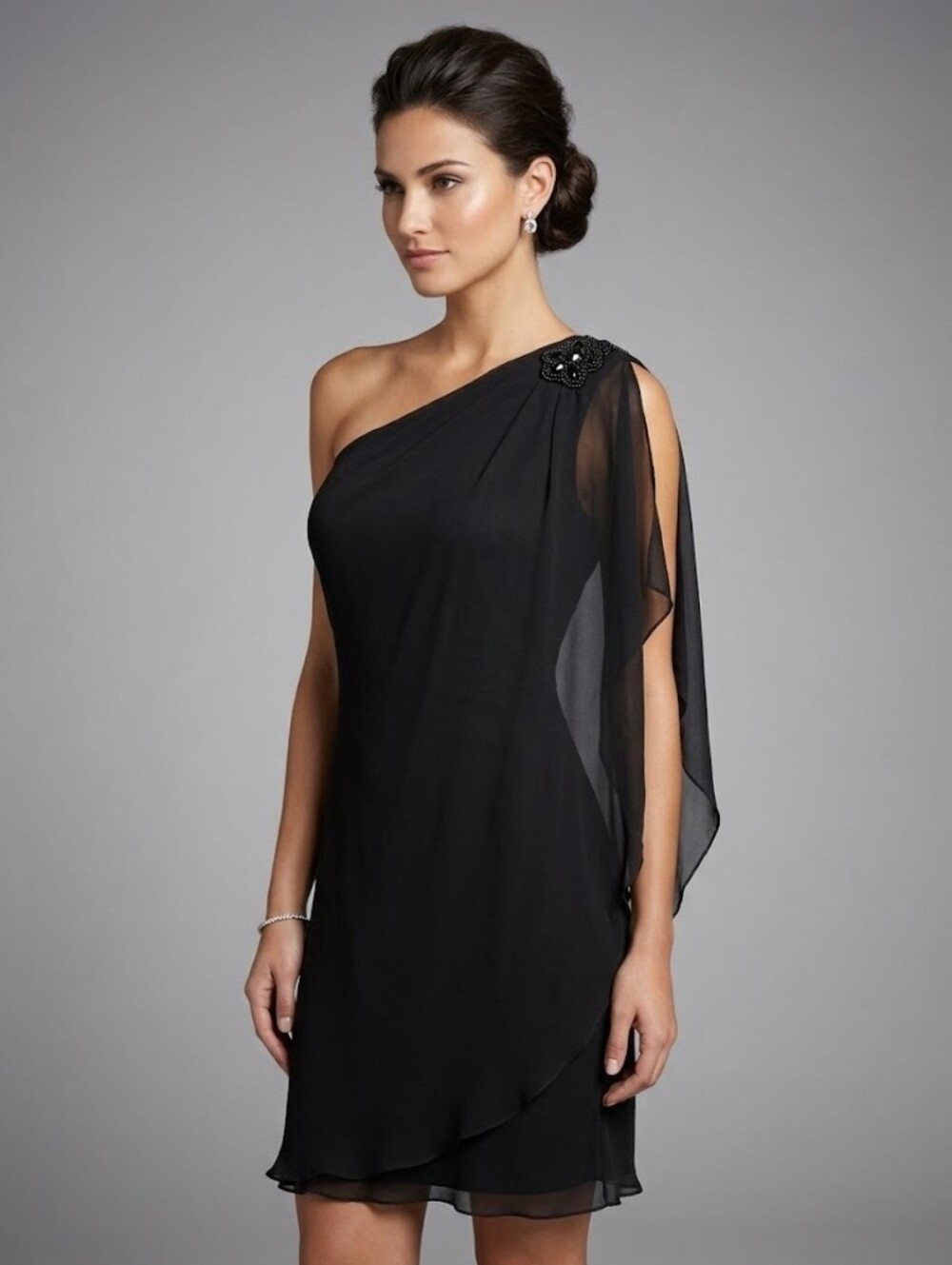 Sweet Storm One-Shoulder Black Chiffon Cocktail Dress